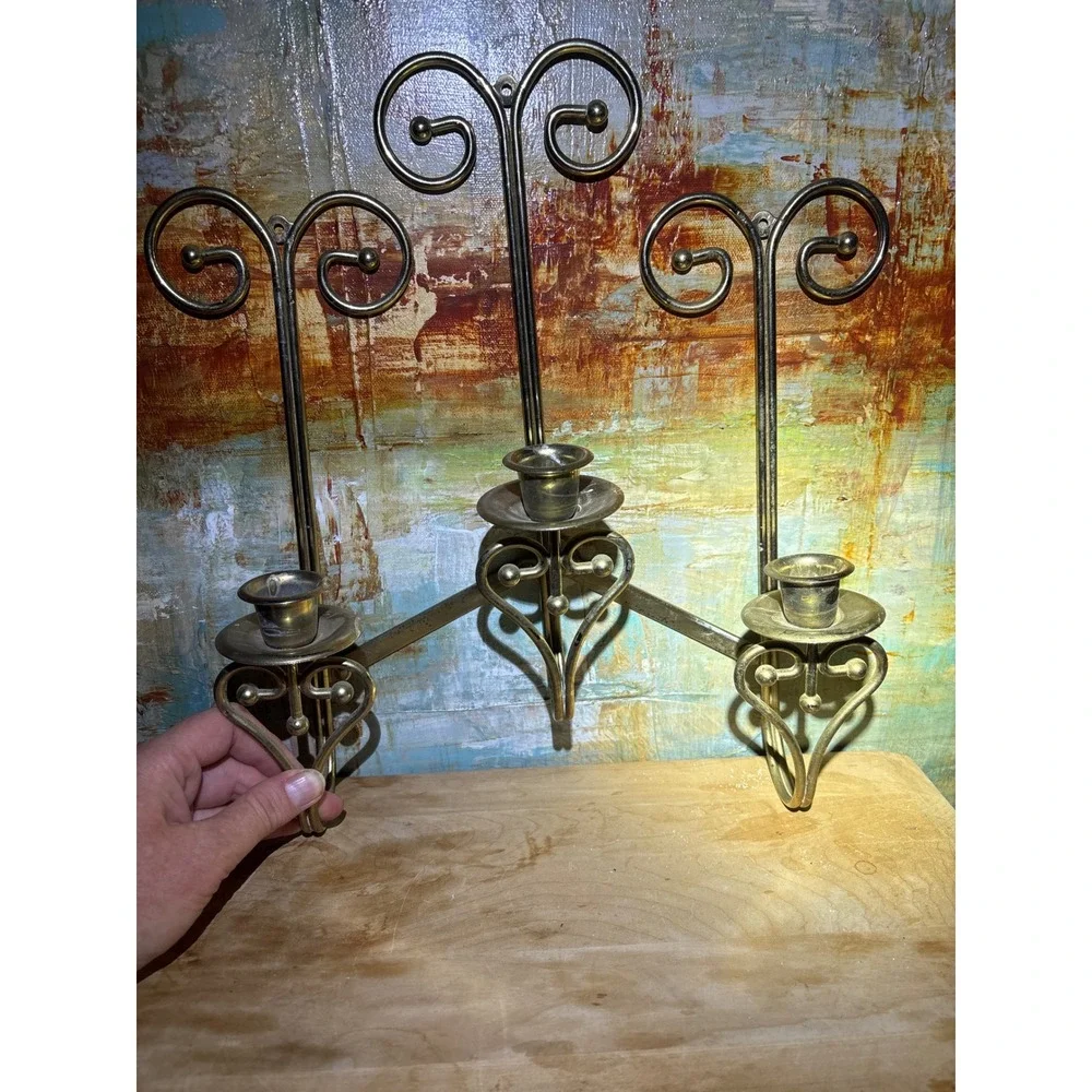 Vintage Brass Triple Wall Sconce Taper Candle Holder Folding Scrollwork Heart
